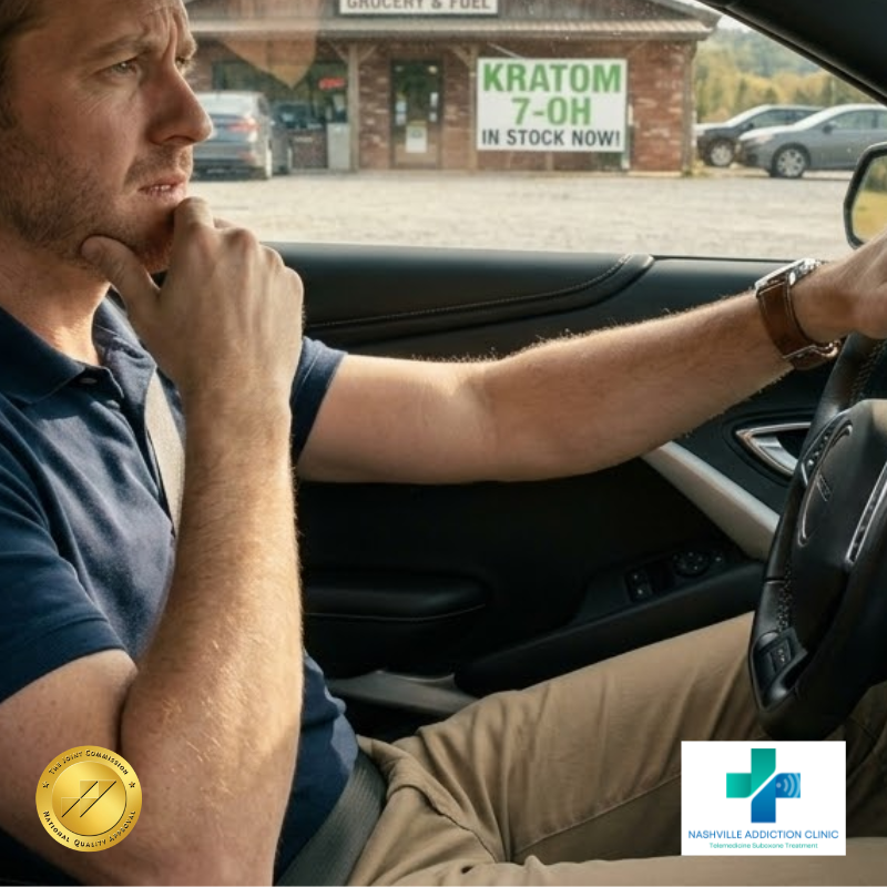 Man in rural Tennessee looking concerned while researching kratom law and addiction treatment