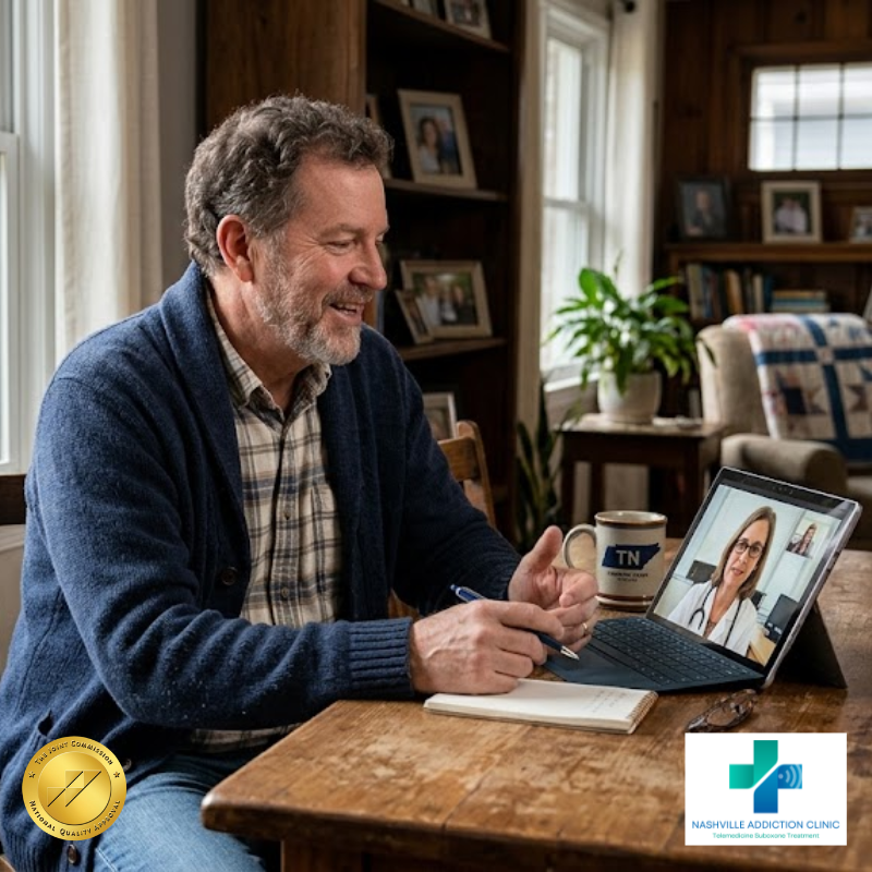 Older Tennessee adult speaking with a healthcare provider by video during an online addiction treatment appointment