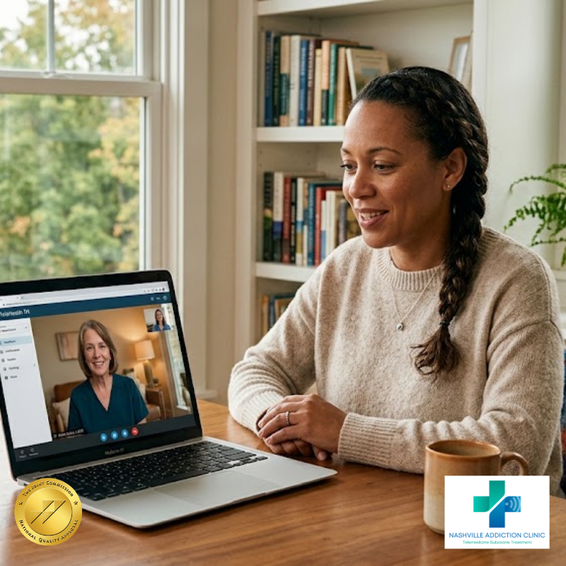 Tennessee adult speaking privately with an addiction treatment provider by secure video from home